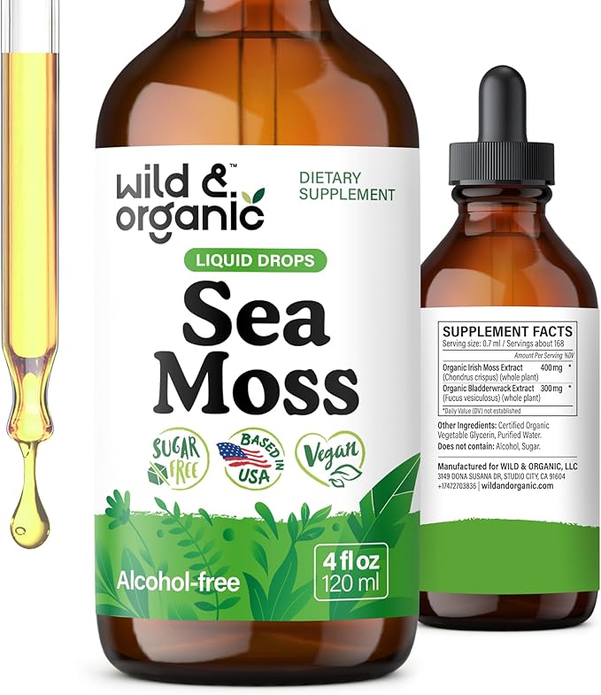 Wild &amp Organic Sea Moss Drops - Overall Support with Irish Seamoss and Bladderwrack - Multimineral Chondrus Crispus Tincture - Vegan Sugar &amp Alcohol-Free Liquid Supplement - 4 fl oz