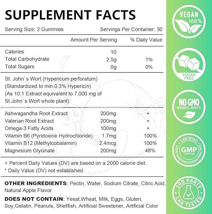 2 Pack St John's Wort Gummies 700mg Natural Herbal Supplement for Adults &amp Kids Support Calm Relaxation &amp Brain Health Vegan Non-GMO Gluten Free Apple Flavor 120 Count