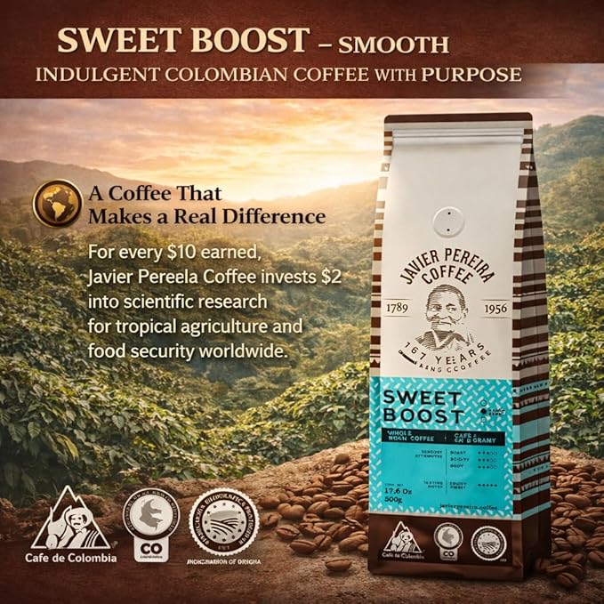 Javier Pereira Coffee Colombian Specialty Coffee Ground Sweet Boost – Medium Roast Arabica – Delicate Fruity Notes &amp Smooth Body – Certified Café de Colombia Single Origin – 17.6 oz