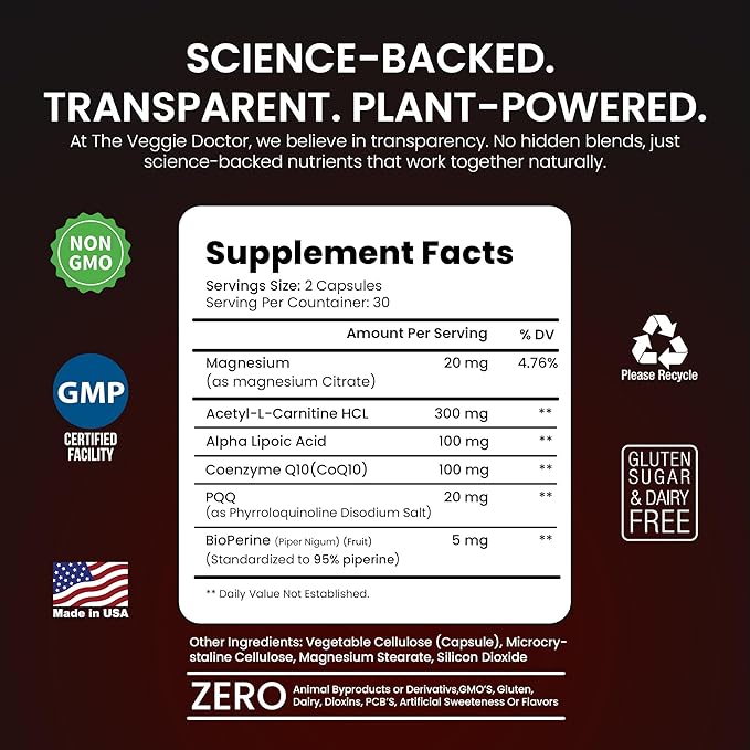 Vegan Mitochondrial Support – Advanced Cellular Wellness &amp Natural Energy Formula with CoQ10 PQQ Acetyl-L-Carnitine Alpha-Lipoic Acid Magnesium BioPerine® - Daily Support (60 Capsules)