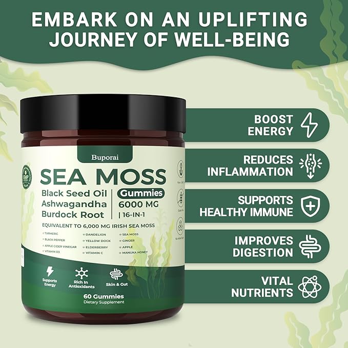 Sea Moss Gummies 16-1 Black Seed Oil Ashwagandha Turmeric Bladder Wrack Vitamin C Vitamin D3 Elderberry Manuka Dandelion Yellow Dock Apple Cider Vinegar for Men &amp Women