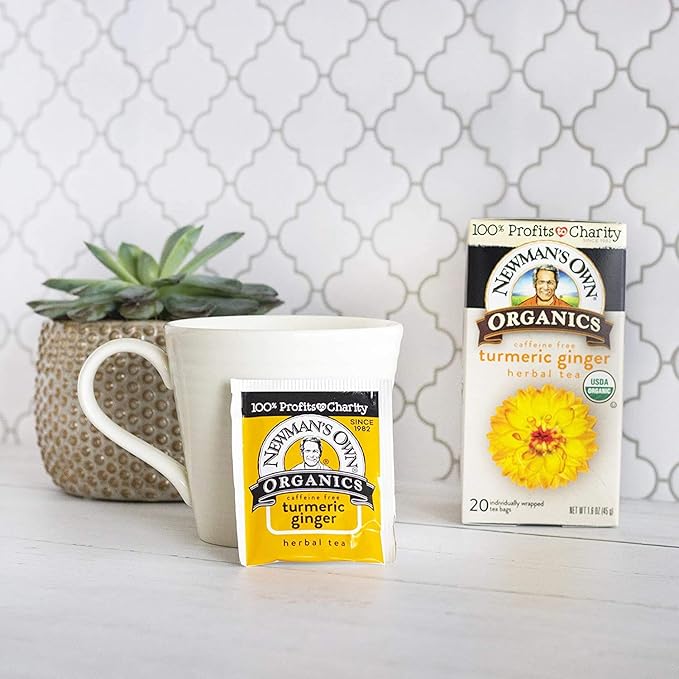 Newman’s Own Organic Turmeric Ginger Herbal Tea Caffeine-Free May Aid Digestion and Boost Immunity Turmeric Tea with20 Individually Wrapped Tea Bags Per Box (Pack of 4) USDA Certified