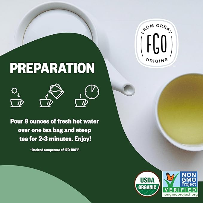 FGO Organic Green Tea 100 Count Eco-Conscious Tea Bags Caffeinated Resealable Pouch Packaging May Vary (Pack of 1)