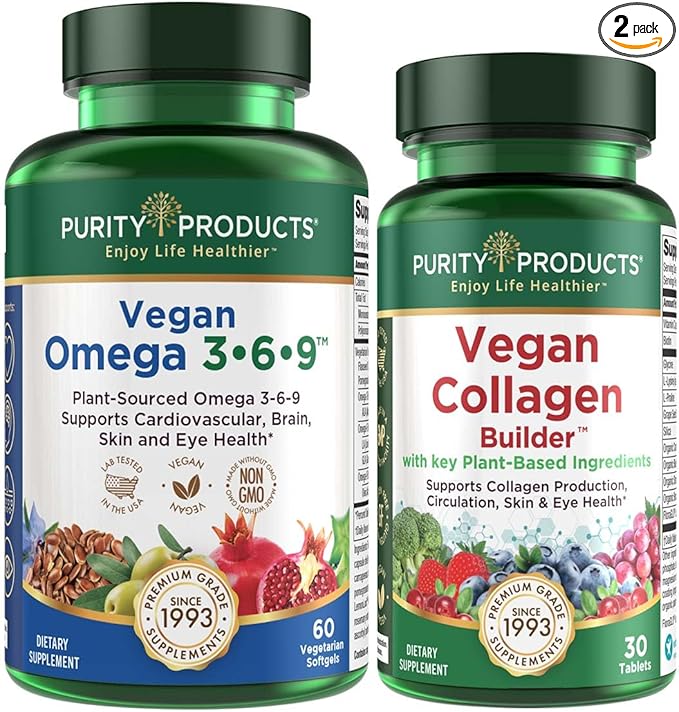Purity Products Bundle - Vegan Omega 3-6-9 + Vegan Collagen Builder Omega 3-6-9 (“5 in 1” Plant-Based Omega Essential Fatty Acid) - Vegan Collagen Builder (w/Key Plant-Based Ingredients &amp More)