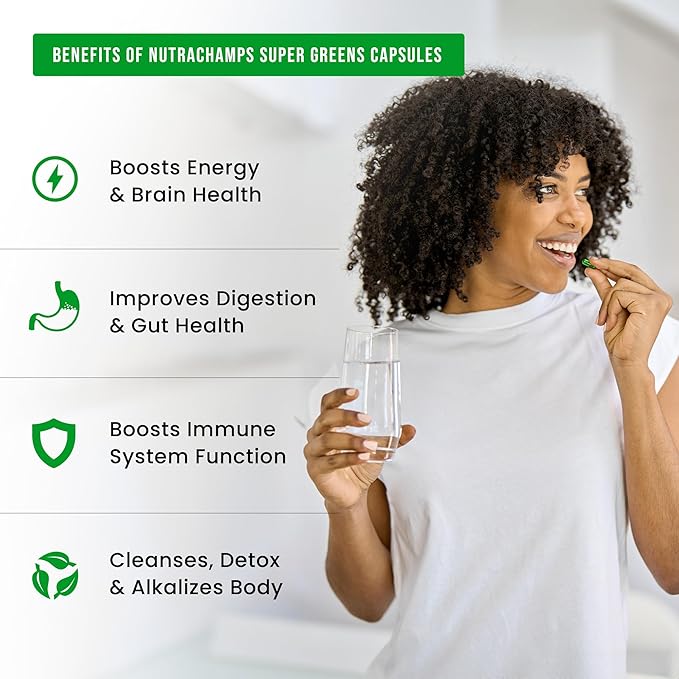 Organic Super Greens Capsules - Daily Fruits and Veggies Supplement - 150 Green &amp Reds Superfood Pills - 40+ Natural Whole Food Fruit &amp Vegetables Prebiotic Fiber &amp Probiotics &amp Diges