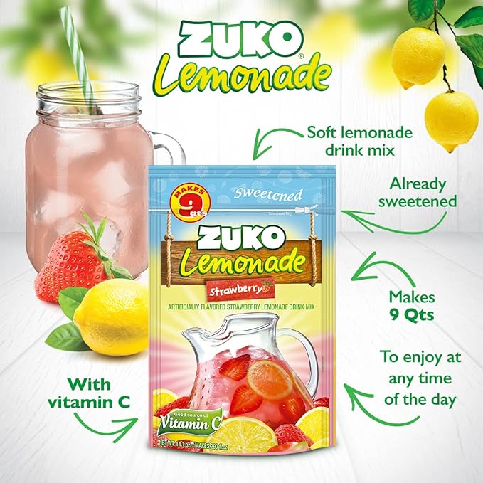Zuko Strawberry Lemonade Instant Powder Drink | Family Pack | No Sugar Needed | Vitamin C | 14.1 Ounce (Pack of 2)
