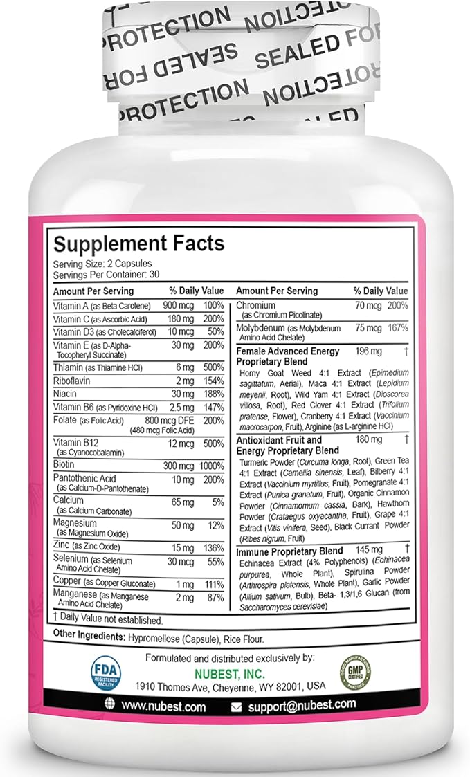 Multivitamin for Women with 39 Key Nutrients Essential Vitamins Minerals Horny Goat Weed Maca Wild Yam Red Clover Cranberry Arginine Herbal Supplement | 60 Vegan Capsules | 1 Month Supply
