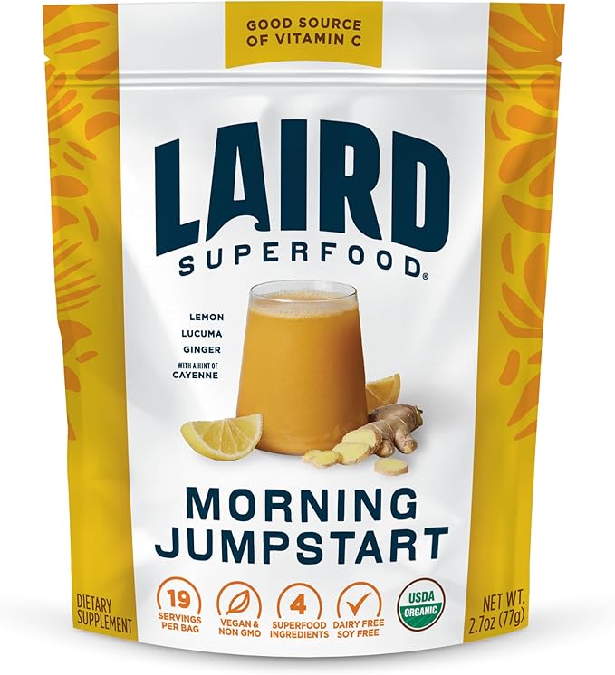 Laird Superfood Morning Jumpstart Powder Drink Supplement Lemon Lucuma Ginger and Cayenne Cleanse Organic 2.7 Oz Bag Pack of 1