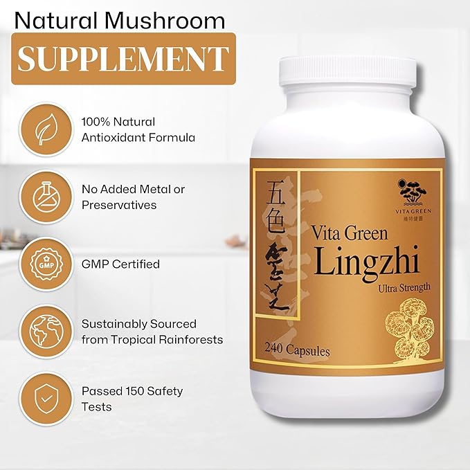 Vita Green Lingzhi Mushroom Supplement (五色靈芝) – Pure Reishi with Natural Antioxidants for Wellness Energy and Immune Support for Men &amp Women – 240 Capsules