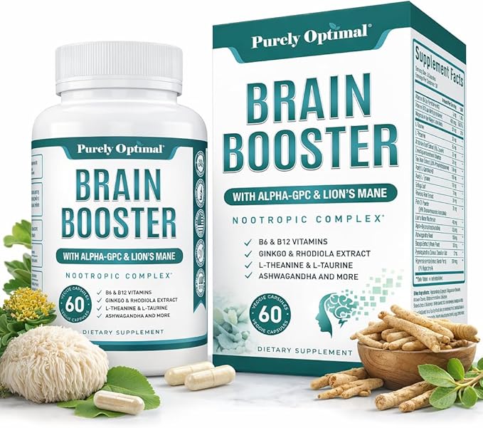 Purely Optimal Brain Booster Nootropic Supplement – Brain Support for Memory Focus Clarity Jitter-Free Energy for Adults Seniors– with Ginkgo Biloba Alpha GPC Lion’s Mane – 60 Capsules
