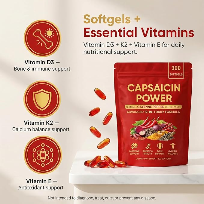 Capsaicin Power - Cayenne Pepper Softgels Capsaicin Supplements with Vitamin E D3 &amp K2 Grape Seed Beetroot &amp Turmeric Extract 300 Soft gels