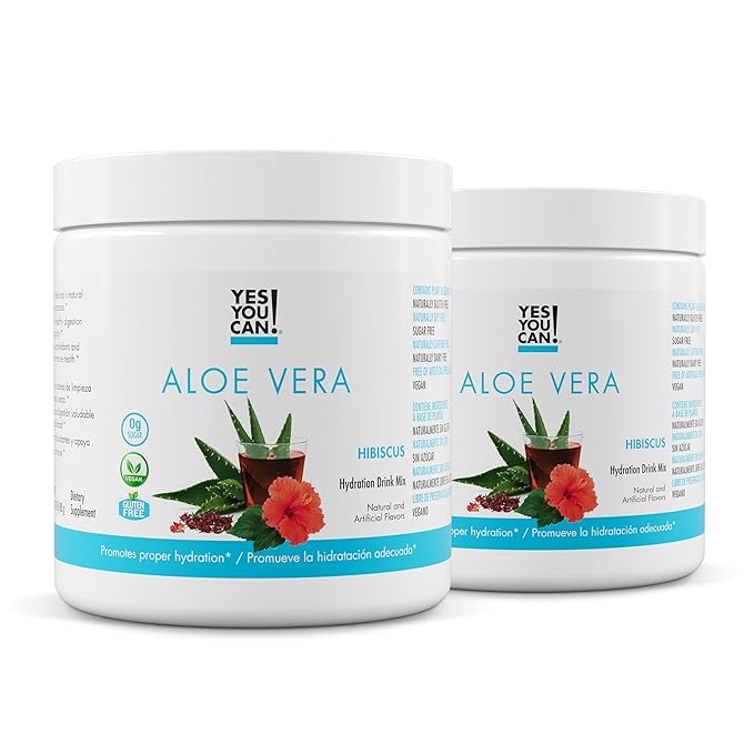 Yes You Can! Aloe Vera Powder Drink Mix - Hydration Booster Infused with Pure Organic Aloe Vera Extract - Delicious Flavors - Made in USA - Antioxidant Rich - Hibiscus Flavor - 40 Servings Per Caniste
