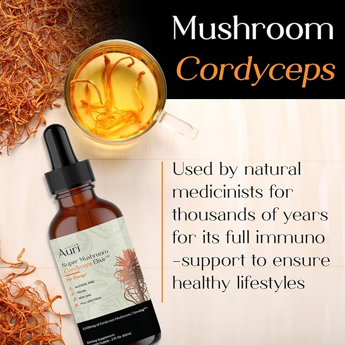 Auri Nutrition Super Mushroom Cordyceps Elixir for Stamina Natural Energy Youthfulness and Longevity with Full Spectrum Support - Cordyceps Tincture 60 ml