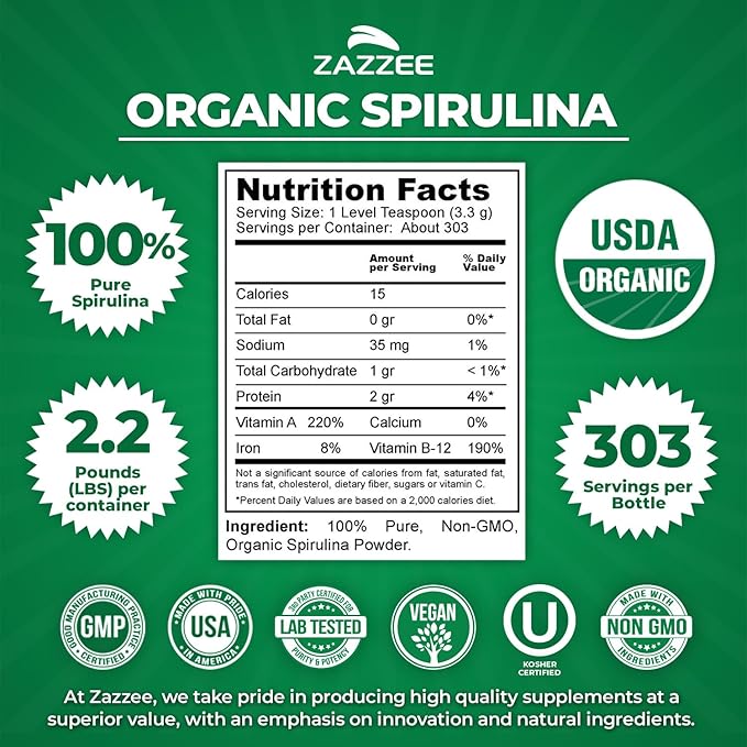 Zazzee USDA Organic Spirulina Powder 2.2 Pounds (1 KG) 303 Servings Certified Kosher 100% Pure Non-Irradiated Mess-Free Wide Mouth Container Fresh Smell and Neutral Taste Non-GMO Made in USA