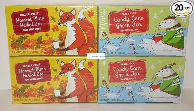 Trader Joe's2 Harvest Blend Herbal Tea Caffeine Free &amp Candy Cane Green Tea Decaffeinated 20 Tea Bags (Four Boxes)