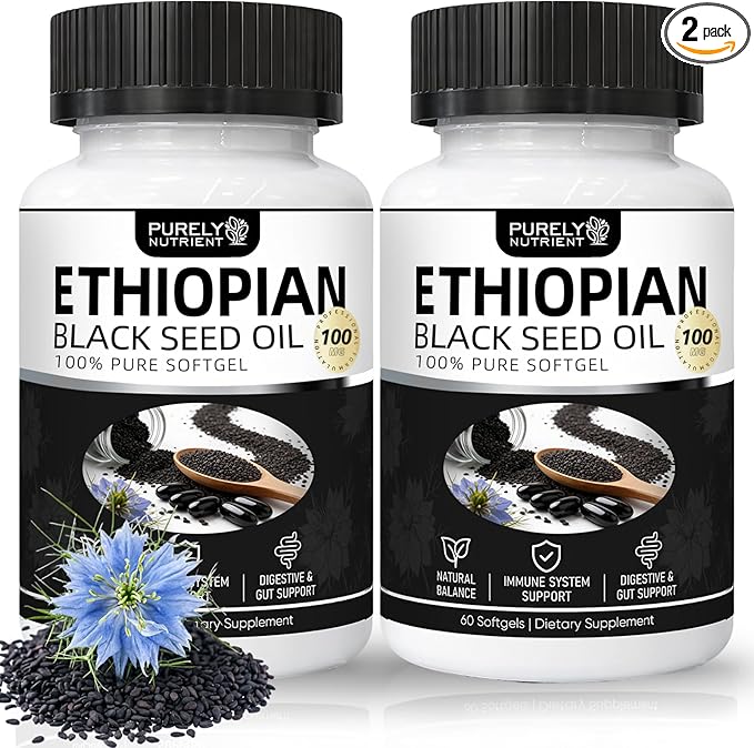 Purely Nutrient Ethiopian Black Seed Oil Ethiopian Black Seed Oil Softgels |4.64% Thymoquinone | Non-GMO Gluten-Free60 Capsules-2PCS