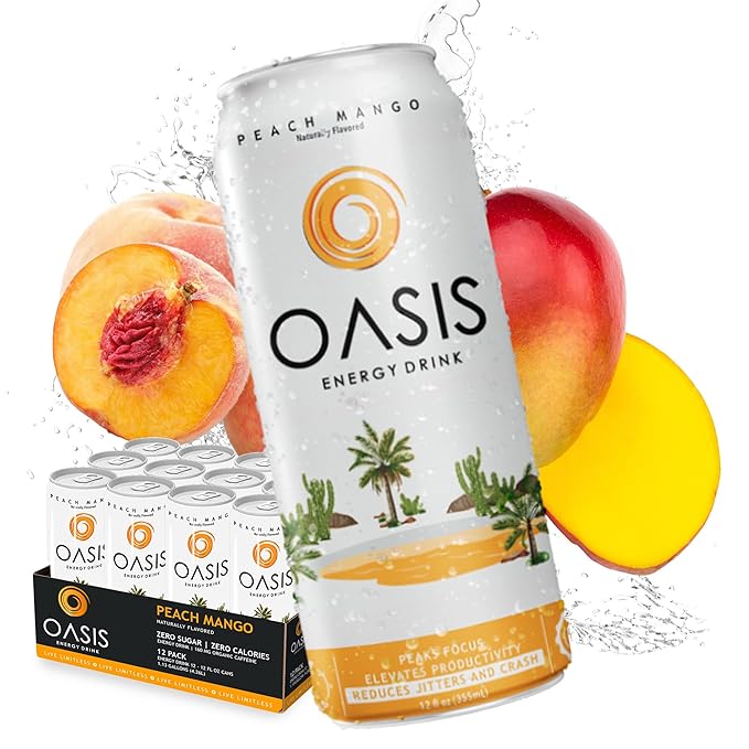 Oasis Energy Drink - Peach Mango (12-Pack) Smooth Clean Energy with Focus-Boosting Nootropics Zero Sugar Low-Calorie Vegan Gluten-Free Juicy Fruity Flavor Perfect for Work &amp Daily Workouts (