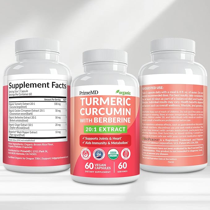 5-in-1 USDA Organic Turmeric Curcumin Supplement - 230mg with Berberine Ceylon Cinnamon Bioperine and Ginger Supplements for Mobility Digestion &amp Wellness Support USDA Organic 60 Servings 1-P