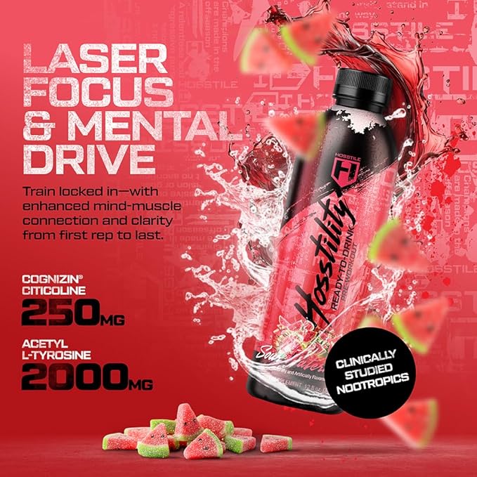 HOSSTILE Hosstility RTD Pre-Workout – Ready to Drink Pre Workout for Energy Focus Pump &amp Hydration All-in-One Formula for Performance Sour Watermelon 12 Servings