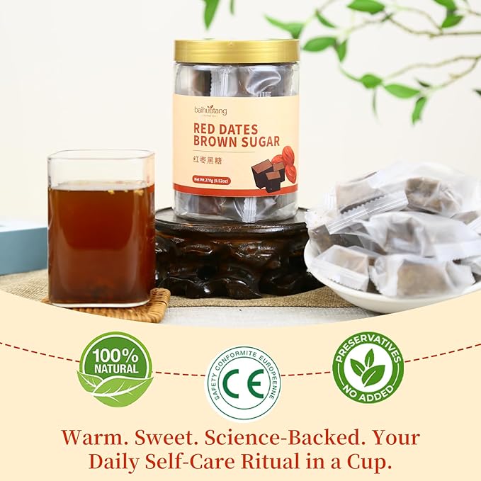 Baihuatang Premium Handmade Ancient Red Date Brown Sugar for Tea Traditional Chinese Black Sugar Cubes with Red Dates &amp Ginger | 270g | Additive-Free | Natural Sweetness | Soothing Tea for Women &