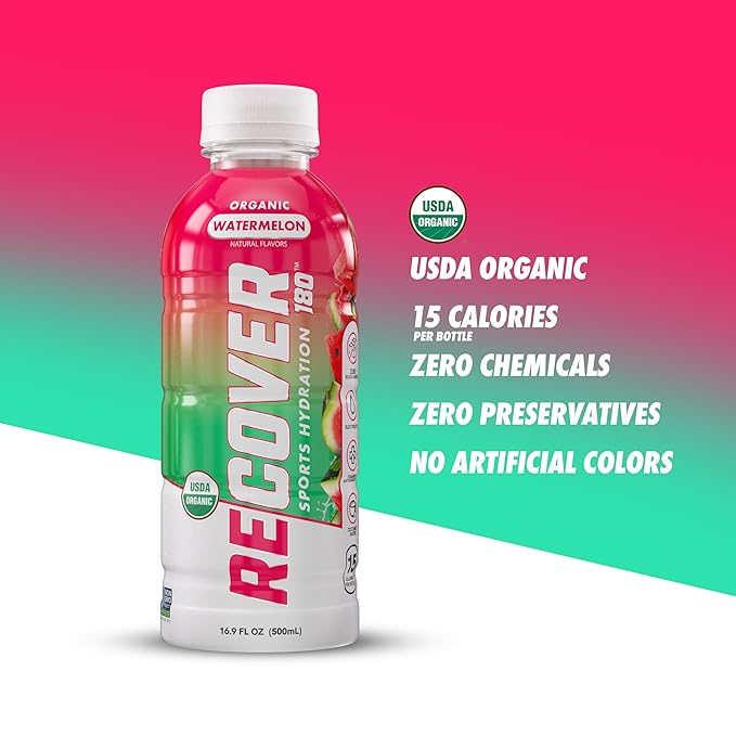 RECOVER 180 Organic Sports Hydration Drink No Sugar Added 20 Calorie Sports Beverage Organic Flavors With Vitamins Potassium-Packed Electrolytes (16.9 Fl Oz (Pack of 12) Watermelon)