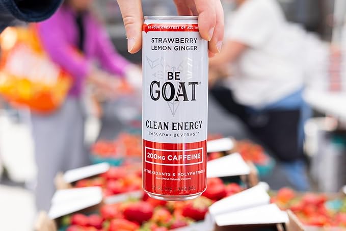 BeGOAT Clean Energy | Strawberry Lemon Ginger | 6 Ingredients Plant-Based Non-GMO Vegan | 200mg Natural Caffeine | 12 fl oz Cans (Pack of 12)