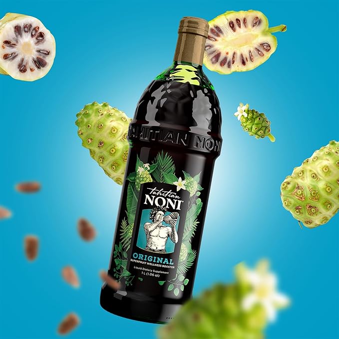 TAHITIAN NONI Juice by Morinda Original and Authentic Noni Fruit Puree from Tahiti with Natural Blueberry &amp Grape (Resveratrol) All-Natural Daily Wellness Drink - 2 One Liter Juice Bottles Case