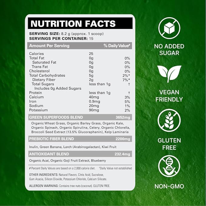 EHP Labs OxyGreens Super Greens Powder with Spirulina &amp Chlorella Prebiotic Fiber Probiotics &amp Digestive Enzymes – Antioxidant Green Superfood Supplement - 15 Serves (Pineapple)