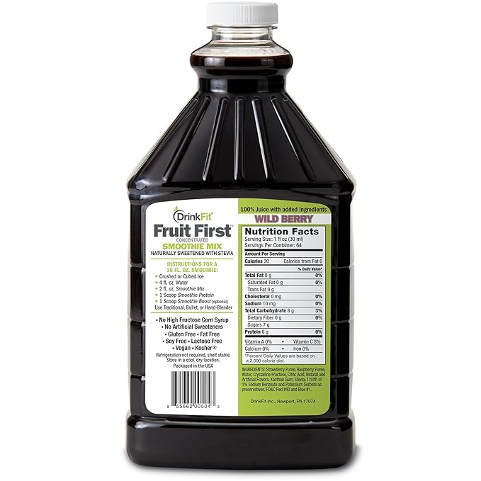 DrinkFit Fruit Smoothie | Real Fruit Puree Low Sugar Gluten:Free &amp Non:GMO Wildberry Smoothie Mix : Makes 32 Smoothies 64 Fl Oz (Wild Berry)