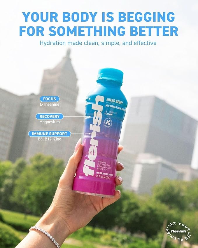 FLERISH Enhanced Hydration Drink Mixed Berry Flavor - Watermelon Based Electrolytes with L-Theanine &amp Magnesium 16 fl oz (Pack of 12)