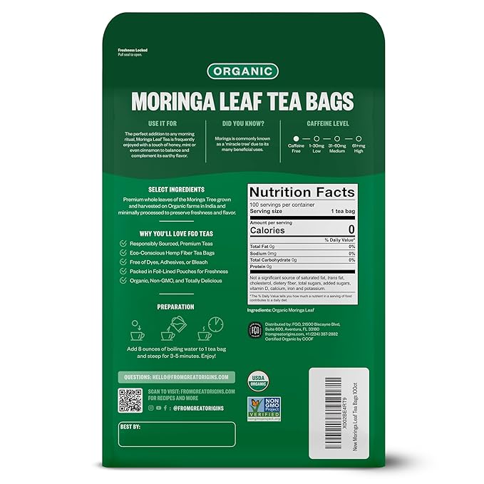 FGO Organic Moringa Mint Tea 100 Count Eco-Conscious Herbal Tea Bags Resealable Bag Caffeine Free Packaging May Vary (Pack of 1)
