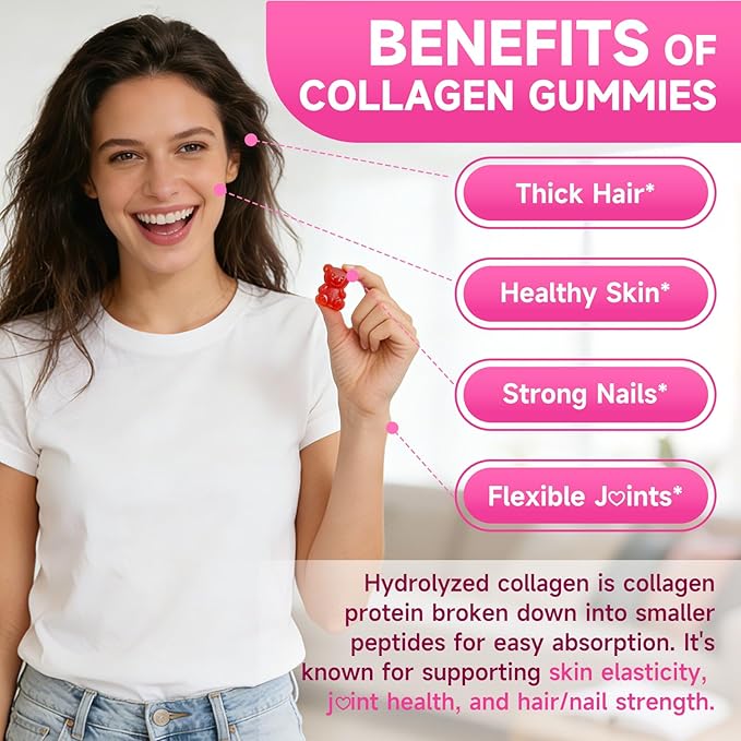 Collagen Gummies for Women &amp Men Hydrolyzed Collagen Peptides(Type I II III V X) with Biotin Hyaluronic Acid MultiVitamins Supports Healthy Skin Thick Hair &ampStrong Nails Sugar Free