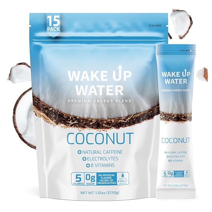 Wake Up Water Energy Drink Mix Sugar Free Clean Energy Powder with Electrolytes &amp B Vitamins Natural Caffeine for Focus &amp Hydration (15 Pack) - Coconut