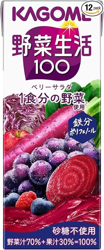 Kagome Yasai Seikatsu Vegetable Life 100 Berry Salad 200ml (Pack of 12) Carrot &amp Grape Mixed Vegetable &amp Fruit Juice from Japan MADE IN JAPAN Limited Stock