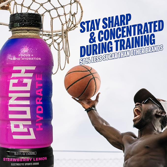 Sports Drink: Strawberry Lemon Flavor - 16.9 Oz (12 Pack) Energy Drink + Hydration Real Cane Sugar Electrolytes Cognizin for Focus Vitamin B12 Energy Boost L-Glutamine Hydration Formula No Arti