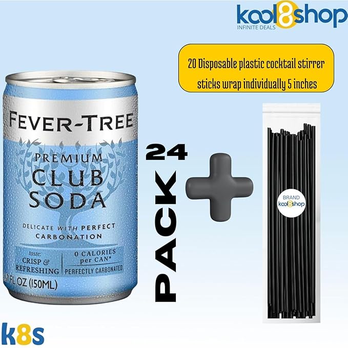 Fever-Tree Club Soda Premium Mixer 5.07 fl oz Aluminum Cans 24 Pack + 20 Plastic Stirrer Sticks by KOOL8SHOP Infinite Deals