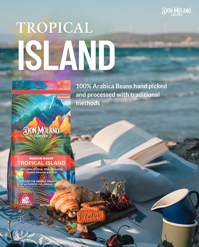 Don Molano Coffee Tropical Island Ground Coffee Medium Roast 16oz - Premium Colombian Coffee Halal Certified – A balanced and smooth blend of luxurious Premium Arabica beans with notes of citrus w