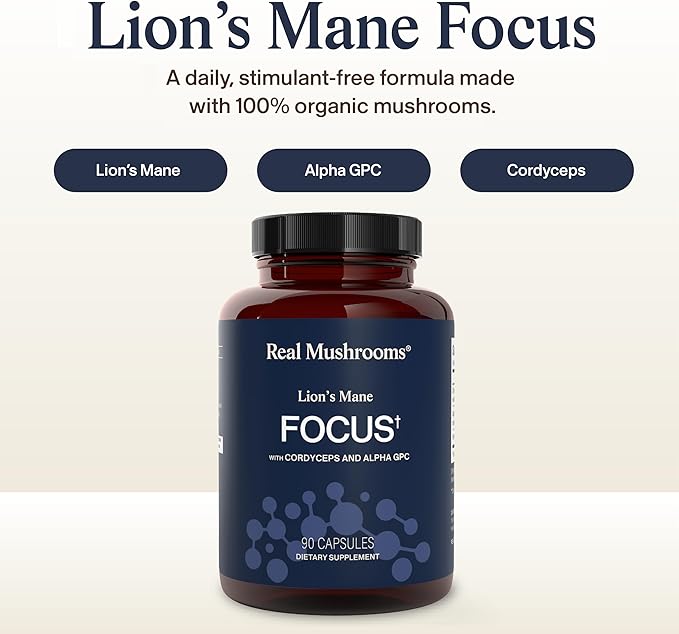 Real Mushrooms Lion’s Mane Focus Capsules (90 Count) – Organic Lions Mane Fruiting Body Extracts (3.3g Dried Equivalent) with 200mg Alpha GPC Choline for Mental Clarity &amp Daily Cognitive Function