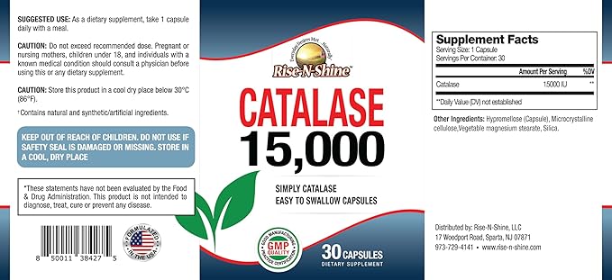 Rise-N-Shine Catalase Supplement 15000 - Powerful Antioxidant Enzyme for Hair Health Support- Hair Supplements for Strong Hair Support - 30 Capsules