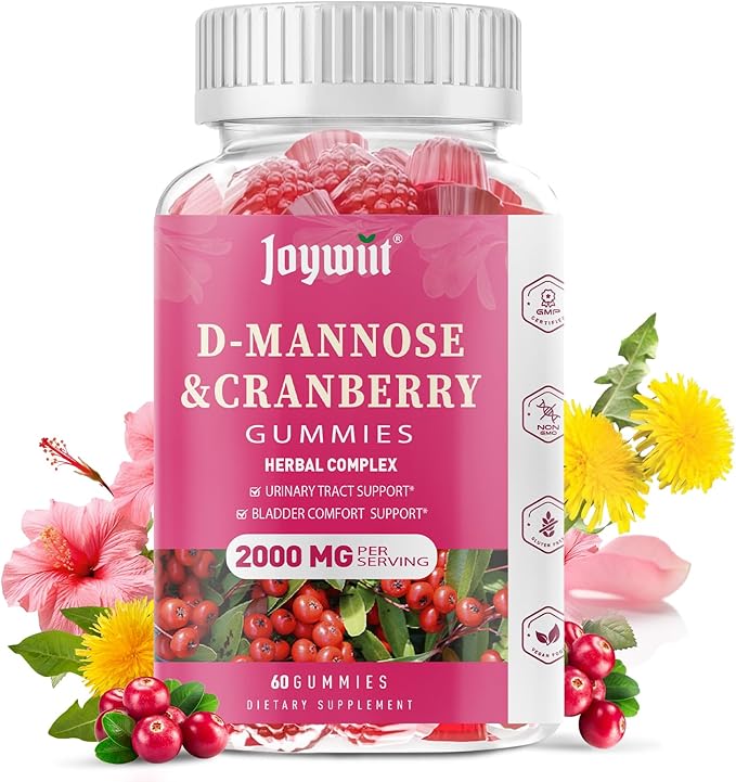 D-Mannose Gummies 2000mg with Cranberry 500mg &amp Hibiscus - D Mannose Chewable Supplements for Women - Liver Bladder Flush &amp Urinary Tract Cleanse Health Supplement 60 Counts