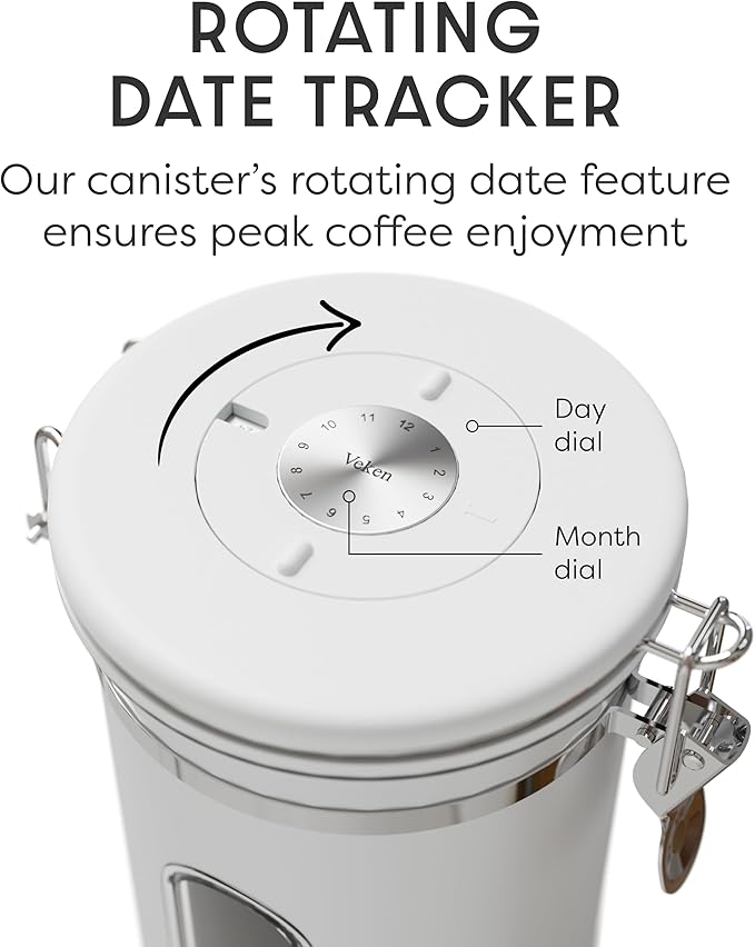 Veken Coffee Canister with Window Easter Gifts Airtight Stainless Steel Container with Lids Home Kitchen Food Storage Jars for Grounds Beans Tea Flour Cereal Sugar Basket Scoop 22OZ White