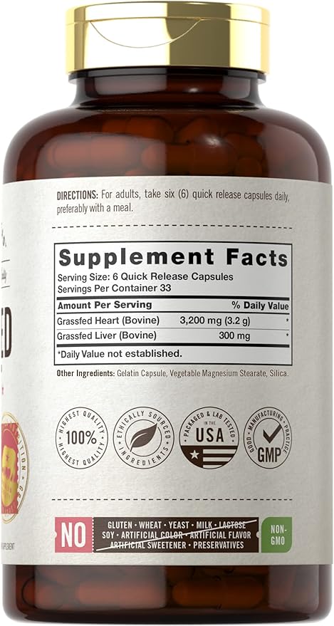 Carlyle Grass Fed Beef Heart Supplement | 3200mg | 200 Count | Desiccated Pasture Raised Bovine Capsules | Non-GMO Gluten Free | by Herbage Farmstead