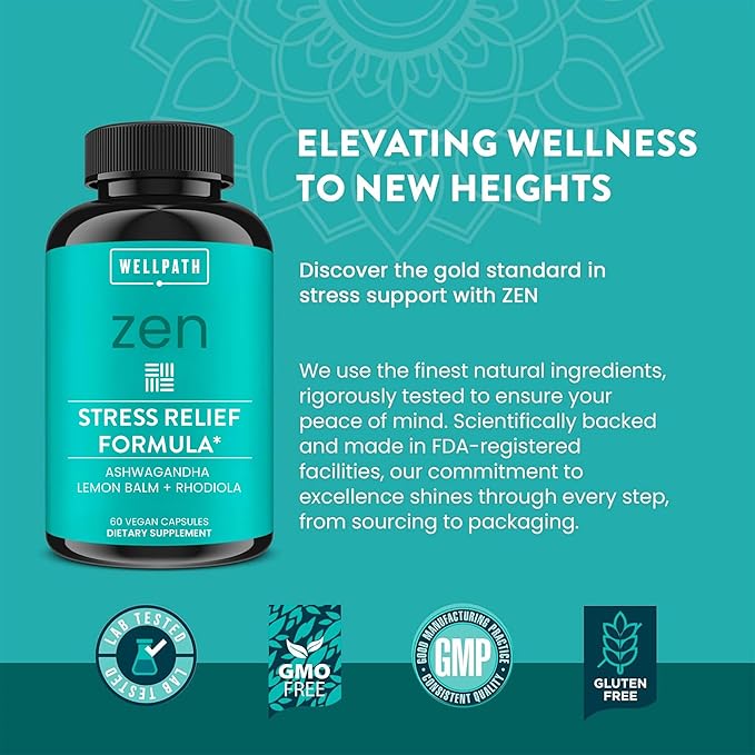 WellPath Zen Stress Relief Supplement + Mood Support | Calm Stress &amp Energy Support | Ashwagandha Root Rhodiola Rosea L-Theanine Lemon Balm | Herbal Capsules 60 Ct
