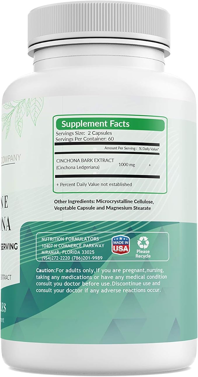 Quinine Cinchona Bark Extract 1000 mg – Herbal Supplement for Muscle &amp Leg Cramp Relief Digestive Support &amp Immune Health – 120 Capsules Non-GMO Made in USA
