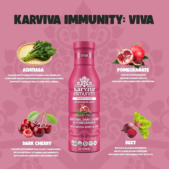 Karviva Organic Juice with Ashitaba Pomegranate and Dark Cherry Vitamin K Vitamin C Essential Minerals (6 Bottles 12 fl. oz. each)