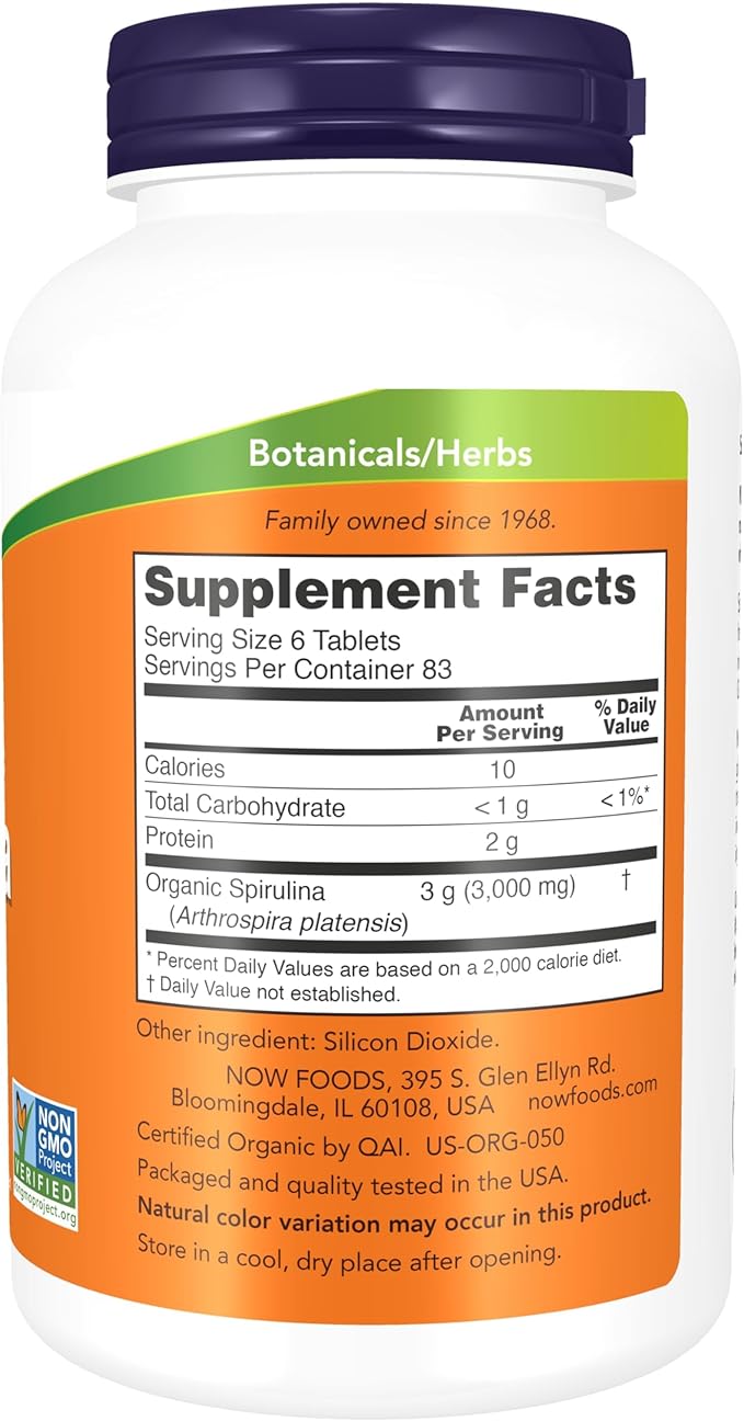 NOW Foods Supplements Organic Spirulina 500 mg with Vitamins Minerals and GLA (Gamma-Linolenic Acid) 500 Tablets