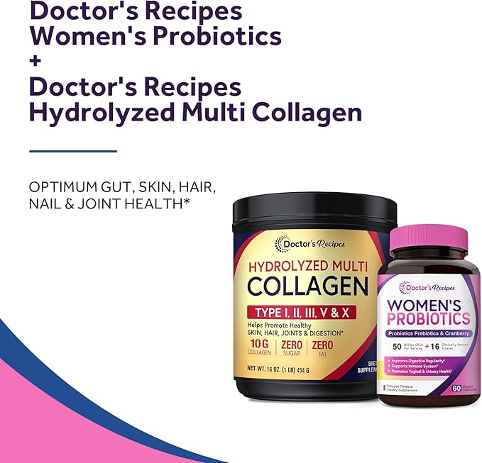 Doctor's Recipes Women’s Probiotics &amp Multi Collagen Powder Bundle Value Pack for Vaginal Skin Hair Nail Health No Gluten Pro (60 Capsules) &amp Collagen (45 Servings)