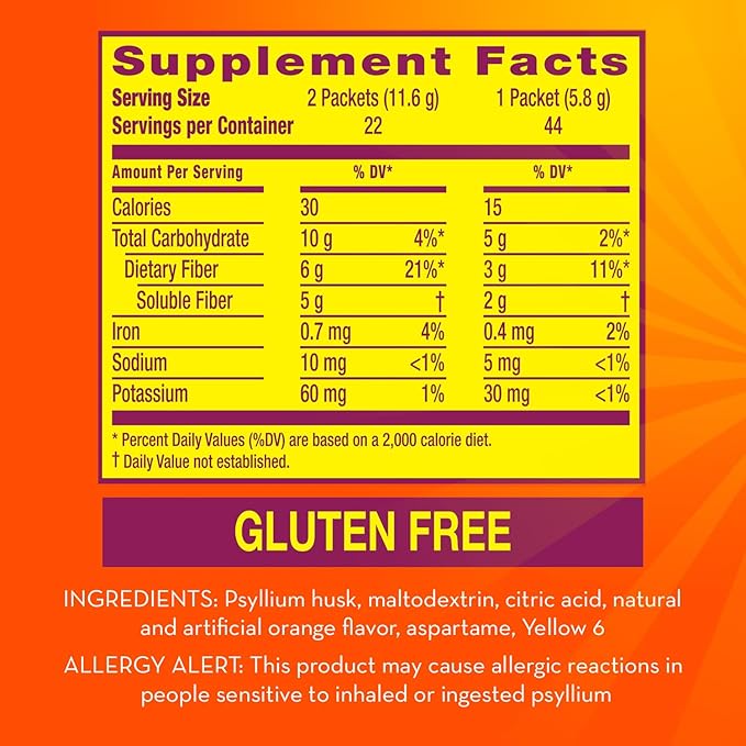 Metamucil On-the-Go Packets Sugar-Free 44 Packets 4-in-1 Psyllium Husk Fiber Supplement Orange Flavored Individual Servings Great for Travel Fiber Supplement for Digestive Health and Regularity