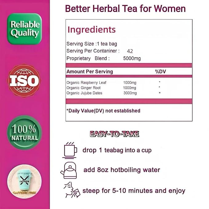 Eastrue Ginger Raspberry Leaf Tea with Jujube Dates - 42 Tea Bags(210g)Sweet &amp SpicyTraditional Chinese Herbal Tea Tea Gift for WomenCaffeine Free Organic Non-GMO