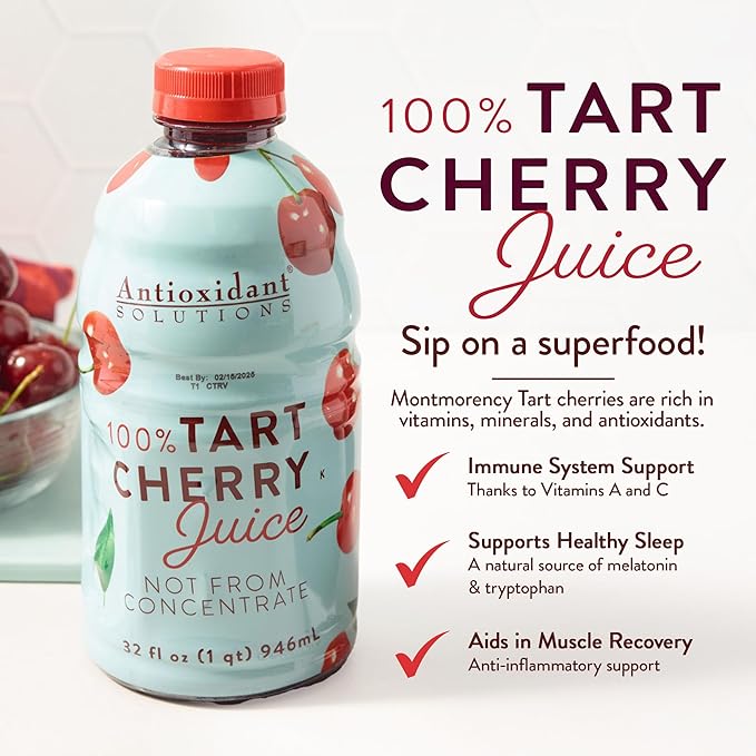 Antioxidant Solutions 100% Tart Cherry Juice - No Added Sugar - High in Antioxidants - 32 fl oz Bottles (6-Pack)